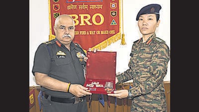 Col Ponung Doming with Lt Gen Rajeev Chaudhry, director general, BRO. (HT Photo)