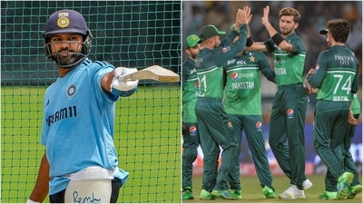 Rohit Sharma during a training session ahead of Asia Cup 2023 (L); Pakistan players celebrate during their Asia Cup 2023 opener against Nepal (AP/AFP) Rohit Sharma during a training session ahead of Asia Cup 2023 (L); Pakistan players celebrate during their Asia Cup 2023 opener against Nepal (AP/AFP)