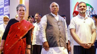 Congress president Mallikarjun Kharge (centre) with senior party leaders Sonia Gandhi and Rahul Gandhi in Mumbai on Friday. (PTI Photo)
