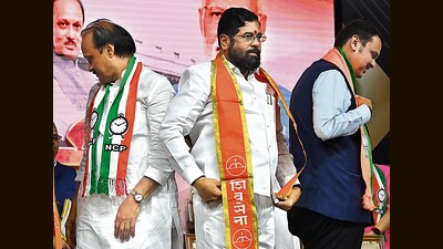 Mumbai, India - Sept. 1, 2023: Dy CM Ajit Pawar, CM Eknath Shinde, Dy CM Devendra Fadnavis, during "Mahayuti" alliance meeting at NSCI, Worli, in Mumbai, India, on Friday, September 1, 2023. (Photo by Anshuman Poyrekar/ Hindustan Times) (Hindustan Times) Mumbai, India - Sept. 1, 2023: Dy CM Ajit Pawar, CM Eknath Shinde, Dy CM Devendra Fadnavis, during "Mahayuti" alliance meeting at NSCI, Worli, in Mumbai, India, on Friday, September 1, 2023. (Photo by Anshuman Poyrekar/ Hindustan Times) (Hindustan Times)