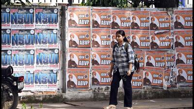 Qalls across DU’s North Campus were defaced with names and the posters of candidates since the start of the election campaign. (Sanjeev Verma/HT)