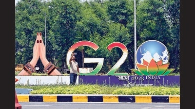 Quite a selfie point! G20 logo installed near IGI Airport ahead of the G20 Summit. (Photo: Sanjeev Verma/HT) Quite a selfie point! G20 logo installed near IGI Airport ahead of the G20 Summit. (Photo: Sanjeev Verma/HT)