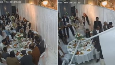 The image shows guests at a wedding fighting with each other. (Screengrab) The image shows guests at a wedding fighting with each other. (Screengrab)