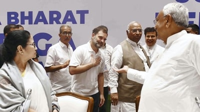 Congress President Mallikarjun Kharge, party leader Rahul Gandhi, West Bengal CM and TMC supremo Mamata Banerjee and Bihar CM Nitish Kumar during the INDIA alliance meeting, at a hotel in Mumbai, Thursday, Aug. 31, 2023. (PTI)