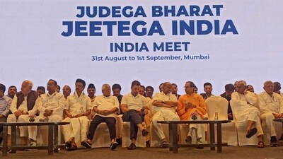 INDIA bloc leaders during joint press brief in Mumbai on Friday. (HT Photo)