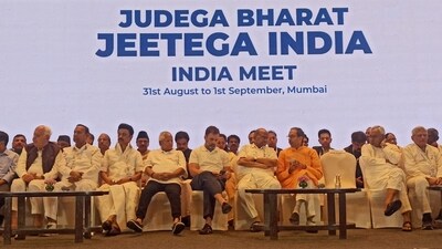 INDIA bloc leaders during joint press brief in Mumbai on Friday. (HT Photo) INDIA bloc leaders during joint press brief in Mumbai on Friday. (HT Photo)