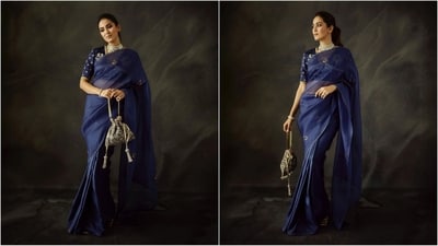 Just a day ago, Mira wore a raw mango blue cotton silk saree with gold taar embroidery on the borders and gota patti appliqué work on the pallu in floral shapes. She paired it with a golden work velvet blouse. (Instagram/@mira.kapoor)