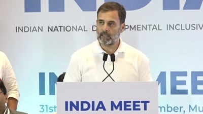 Rahul Gandhi addressing the press conference after the two-day opposition alliance meeting in Mumbai ended.