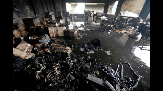 The incident took place on the second floor of a three-story building and was extinguished within 20 minutes, officials said. (Sunil Ghosh/HT Photo)
