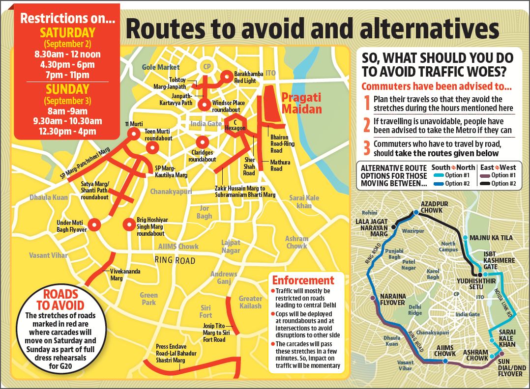 The Delhi Traffic Police has issued a detailed advisory about restrictions and alternative routes for the G20 carcade rehearsals. (HT Photo) The Delhi Traffic Police has issued a detailed advisory about restrictions and alternative routes for the G20 carcade rehearsals. (HT Photo)