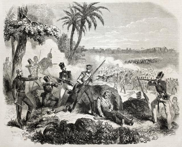 Old illustration of British soldiers fighting against insurgents near Delhi. Created by Janet-Lange, published on L’Illustration Journal Universel, Paris, 1857. (Marzolino/Shutterstock) Old illustration of British soldiers fighting against insurgents near Delhi. Created by Janet-Lange, published on L’Illustration Journal Universel, Paris, 1857. (Marzolino/Shutterstock)