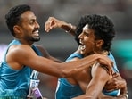 Indian men's 4x400m relay team, consisting of Muhammed Anas Yahiya, Amoj Jacob, Muhammad Ajmal Variyathodi, and Rajesh Ramesh celebrate after shattering the Asian record.