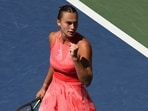 Aryna Sabalenka, of Belarus, reacts during a match against Clara Burel, of France, during the third round of the U.S. Open tennis championships
