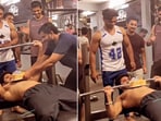 The image shows a man cutting a cake using a barbell. The image shows a man cutting a cake using a barbell.