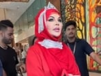 Rakhi Sawant wore a red abaya to an event on Saturday. 