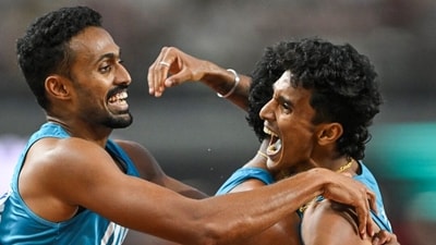Indian men's 4x400m relay team, consisting of Muhammed Anas Yahiya, Amoj Jacob, Muhammad Ajmal Variyathodi, and Rajesh Ramesh celebrate after shattering the Asian record. (SAI Media Twitter) Indian men's 4x400m relay team, consisting of Muhammed Anas Yahiya, Amoj Jacob, Muhammad Ajmal Variyathodi, and Rajesh Ramesh celebrate after shattering the Asian record. (SAI Media Twitter)