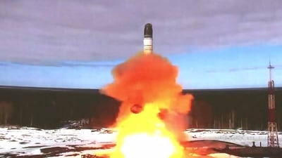 The launching of the Sarmat intercontinental ballistic missile at Plesetsk testing field, Russia. (AFP) The launching of the Sarmat intercontinental ballistic missile at Plesetsk testing field, Russia. (AFP)