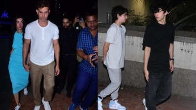 Hrithik Roshan and Saba Azad outside a Mumbai restaurant (L), his sons Hridaan Roshan and Hrehaan Roshan. Hrithik Roshan and Saba Azad outside a Mumbai restaurant (L), his sons Hridaan Roshan and Hrehaan Roshan.