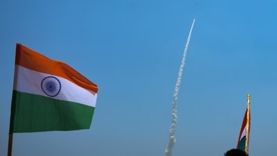 Aditya-L1 on board PSLV-C57 seen in clear skies shortly after its launch in Sriharikota, Saturday. (PTI) Aditya-L1 on board PSLV-C57 seen in clear skies shortly after its launch in Sriharikota, Saturday. (PTI)