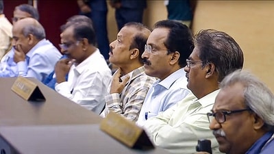 Indian Space Research Organisation (ISRO) Chairman S. Somanath with other scientists during the launch of Aditya-L1 on board PSLV-C57, at Satish Dhawan Space Centre, in Sriharikota, Saturday. (PTI) Indian Space Research Organisation (ISRO) Chairman S. Somanath with other scientists during the launch of Aditya-L1 on board PSLV-C57, at Satish Dhawan Space Centre, in Sriharikota, Saturday. (PTI)