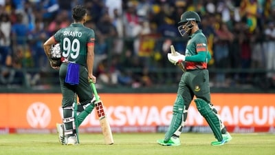 Mehidy Hasan Miraz leaves after being dismissed as Najmul Hossain Shanto looks on (AP) Mehidy Hasan Miraz leaves after being dismissed as Najmul Hossain Shanto looks on (AP)
