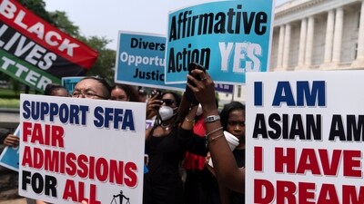 Demonstrators protest outside of the Supreme Court in Washington, Thursday, June 29, 2023, after the Supreme Court struck down affirmative action in college admissions, saying race cannot be a factor. (AP)