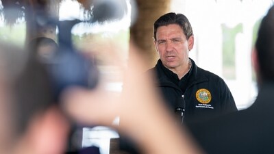 STEINHATCHEE, FLORIDA - AUGUST 31: Florida Gov. Ron DeSantis gives a press conference in the aftermath of Hurricane Idalia on August 31, 2023 in Steinhatchee, Florida. Idalia, which weakened to a tropical storm made landfall at Keaton Beach, Florida as a category 3 hurricane and caused heavy rain and flash flooding.   Sean Rayford/Getty Images/AFP (Photo by Sean Rayford / GETTY IMAGES NORTH AMERICA / Getty Images via AFP) (Getty Images via AFP)