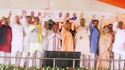 Uttar Pradesh chief minister Yogi Adityanath, other BJP leaders and allies in by poll-bound Ghosi constituency on Saturday. (SOURCED) Uttar Pradesh chief minister Yogi Adityanath, other BJP leaders and allies in by poll-bound Ghosi constituency on Saturday. (SOURCED)