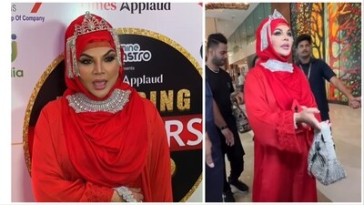 Rakhi Sawant wore a red abaya to an event on Saturday. Rakhi Sawant wore a red abaya to an event on Saturday.