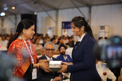 Guest of Honour, Smt. V. Karuna, I.A.S. Secretary to Government Education Department, Govt of Telangana, Chairperson, HPS- B.O.G being felicitated by the Head Girl of The Hyderabad Public School, Begumpet