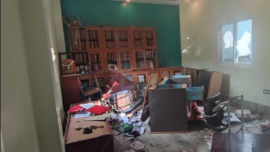 The office chamber of Imphal lawyer Soraisham Chittaranjan after it was vandalised on Friday (HT Photo/Sourced)