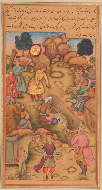 The Mughal emperor Akbar helps trap a cheetah, in a work from the Akbarnama. (From The Trustees of the Chester Beatty Library, Dublin; via Divyabhanusinh; The Marg Foundation)