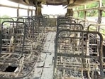 Charred remains of a bus after a protest demanding Maratha Reservation, in Jalna on Saturday.