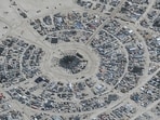 This handout satellite image courtesy of Maxar Technology shows an overview of the annual Burning Man festival underway in Nevada�s Black Rock desert on August 29, 2023.