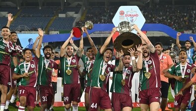 Mohun Bagan Super Giant players celebrate with the trophy after winning the 132nd Durand Cup, at Vivekananda Yuba Bharati Krirangan (VYBK), in Kolkata (HT File Image/Samir Jana) Mohun Bagan Super Giant players celebrate with the trophy after winning the 132nd Durand Cup, at Vivekananda Yuba Bharati Krirangan (VYBK), in Kolkata (HT File Image/Samir Jana)