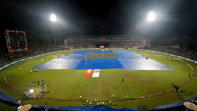 Covers seen on the pitch as rain interrupted play during the match between India and Pakistan in the Asia Cup 2023 (ICC Twitter) Covers seen on the pitch as rain interrupted play during the match between India and Pakistan in the Asia Cup 2023 (ICC Twitter)