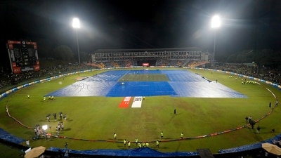 Covers seen on the pitch as rain interrupted play during the match between India and Pakistan in the Asia Cup 2023, at Pallekele International Cricket Stadium (ICC Twitter) Covers seen on the pitch as rain interrupted play during the match between India and Pakistan in the Asia Cup 2023, at Pallekele International Cricket Stadium (ICC Twitter)