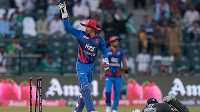 Rahmanullah Gurbaz celebrates after run-out to Shamim Hossain during the Asia Cup match between Bangladesh and Afghanistan in Lahore (AP) Rahmanullah Gurbaz celebrates after run-out to Shamim Hossain during the Asia Cup match between Bangladesh and Afghanistan in Lahore (AP)