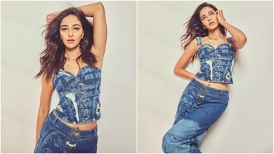 Ananya styled the ensemble with white boots, a choker necklace, a statement ring, silver earrings, bold eyeliner, subtle eye shadow, glossy caramel-coloured lip shade, mascara on the lashes, darkened brows, glowing skin, rouge-tinted cheeks, and side-parted open wavy locks. (Instagram) Ananya styled the ensemble with white boots, a choker necklace, a statement ring, silver earrings, bold eyeliner, subtle eye shadow, glossy caramel-coloured lip shade, mascara on the lashes, darkened brows, glowing skin, rouge-tinted cheeks, and side-parted open wavy locks. (Instagram)