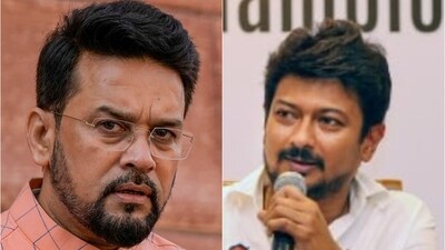 Union minister Anurag Thakur and Tamil Nadu minister Udhayanidhi Stalin. Union minister Anurag Thakur and Tamil Nadu minister Udhayanidhi Stalin.