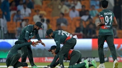 Bangladesh players celebrate after the dismissal of Ibrahim Zadran (not pictured) during the Asia Cup 2023 match against Afghanistan (AFP) Bangladesh players celebrate after the dismissal of Ibrahim Zadran (not pictured) during the Asia Cup 2023 match against Afghanistan (AFP)