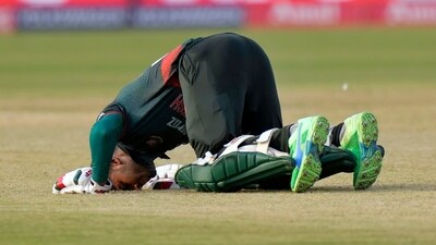 Mehidy Hasan Mirza reacts after scoring century during the Asia Cup match between Bangladesh and Afghanistan in Lahore (AP) Mehidy Hasan Mirza reacts after scoring century during the Asia Cup match between Bangladesh and Afghanistan in Lahore (AP)