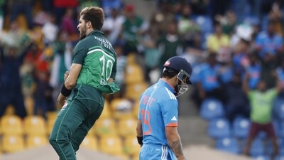 Shaheen Shah Afridi of Pakistan celebrates the wicket of India's Virat Kohli during the Asia Cup cricket match (AP) Shaheen Shah Afridi of Pakistan celebrates the wicket of India's Virat Kohli during the Asia Cup cricket match (AP)