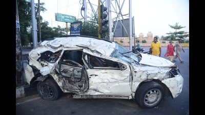 The mangled remains of the car after an accident on Sunday. (Deepak Gupta/ht)
