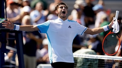 Matteo Arnaldi, of Italy, reacts after defeating Cameron Norrie, of Great Britain, during the third round of the U.S. Open tennis championships, Saturday, Sept. 2 (AP) Matteo Arnaldi, of Italy, reacts after defeating Cameron Norrie, of Great Britain, during the third round of the U.S. Open tennis championships, Saturday, Sept. 2 (AP)
