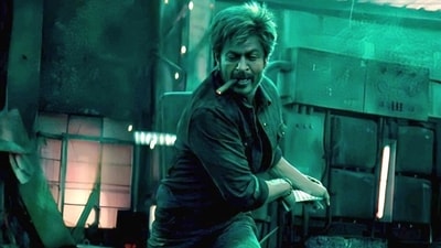 Shah Rukh Khan in a still from Jawan trailer. Shah Rukh Khan in a still from Jawan trailer.