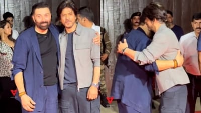 Shah Rukh Khan and Sunny Deol hug at Gadar 2 party. Shah Rukh Khan and Sunny Deol hug at Gadar 2 party.