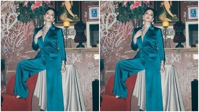 Sunny played muse to fashion designer house The Pant Suit Co and picked up a blue silkk power suit from the shelves of the designer house. (Instagram/@sunnyleone) Sunny played muse to fashion designer house The Pant Suit Co and picked up a blue silkk power suit from the shelves of the designer house. (Instagram/@sunnyleone)