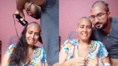 The image shows the husband shaving woman's head. Following this, he shaved his own head to support his wife in her battle against cancer. (Instagram/@goodnews_movement)