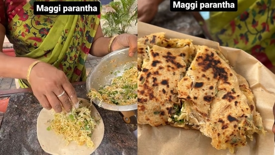 The image, taken from the viral video, shows the woman making Maggi paratha. (Instagram/@thegreatindianfoodie)